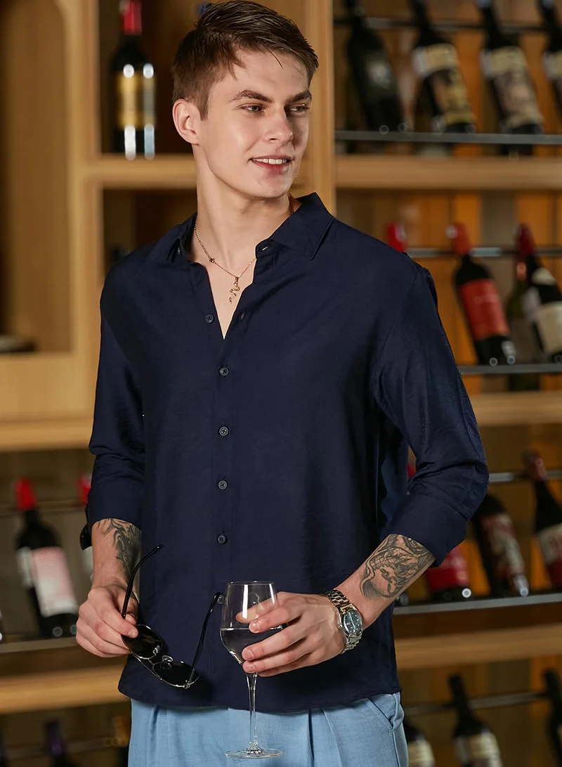 Men's Navy Blue Breezy Wrinked Shirt For Casual Wear | Spread Collar | Long Cuffed Sleeves | Button Closure | Shirt Crafted With Comfort Fit For Everyday Wear